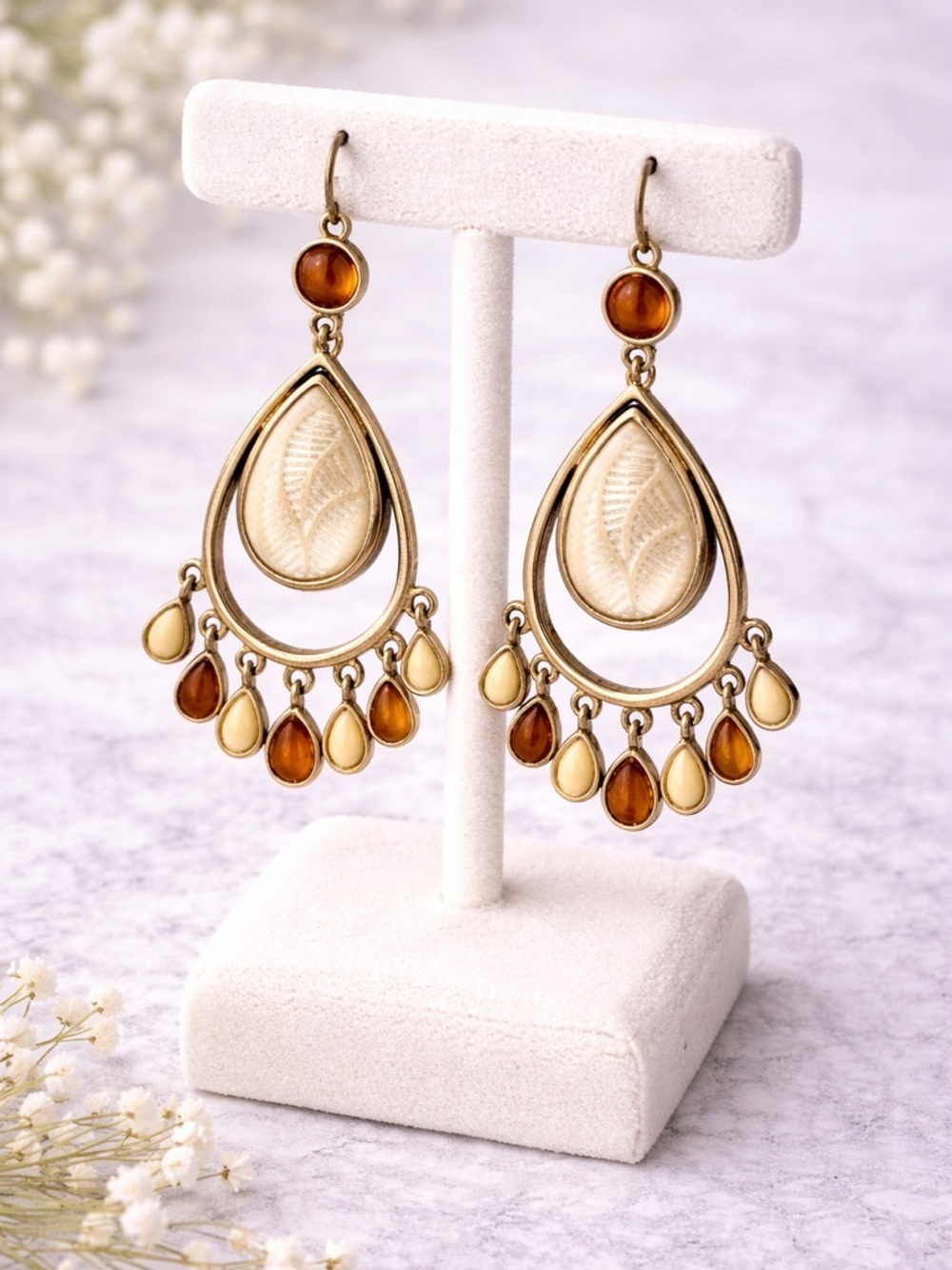 Boho Teardrop Gold-Tone Earrings with Cream and Amber Fringe Teardrop Statement